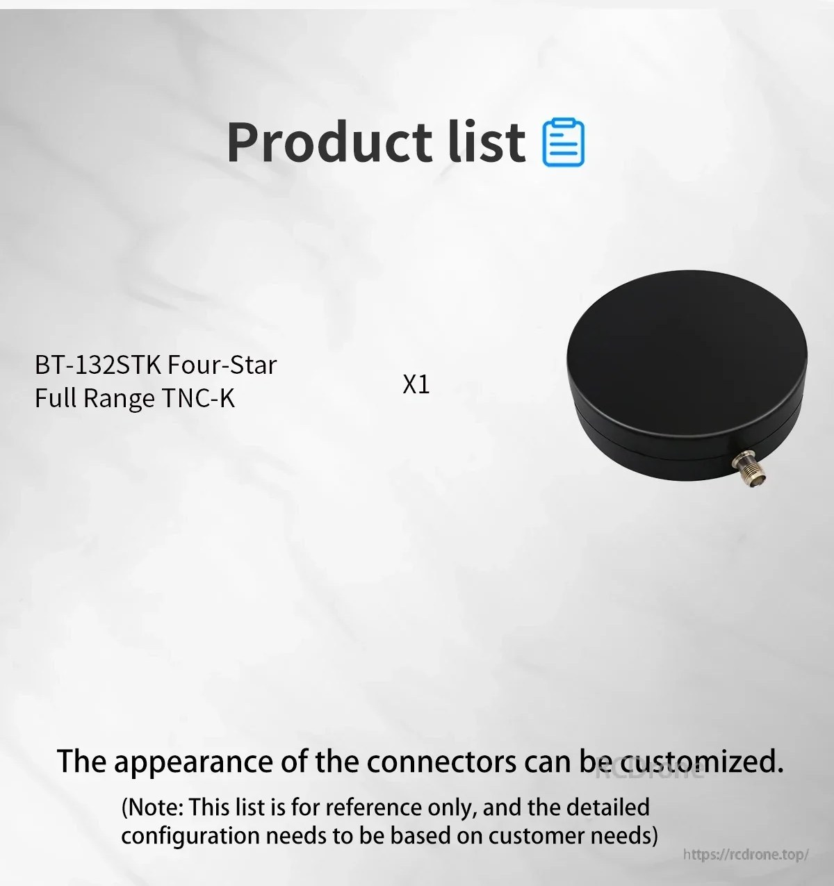 Package contents showing 1× BT-132STK four-star full-range GNSS antenna with TNC-K connector note