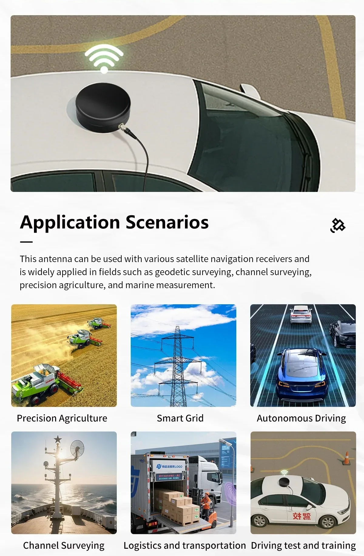 Beitian BT-132STK GNSS antenna mounted on a vehicle roof with application scenarios icons for surveying and agriculture