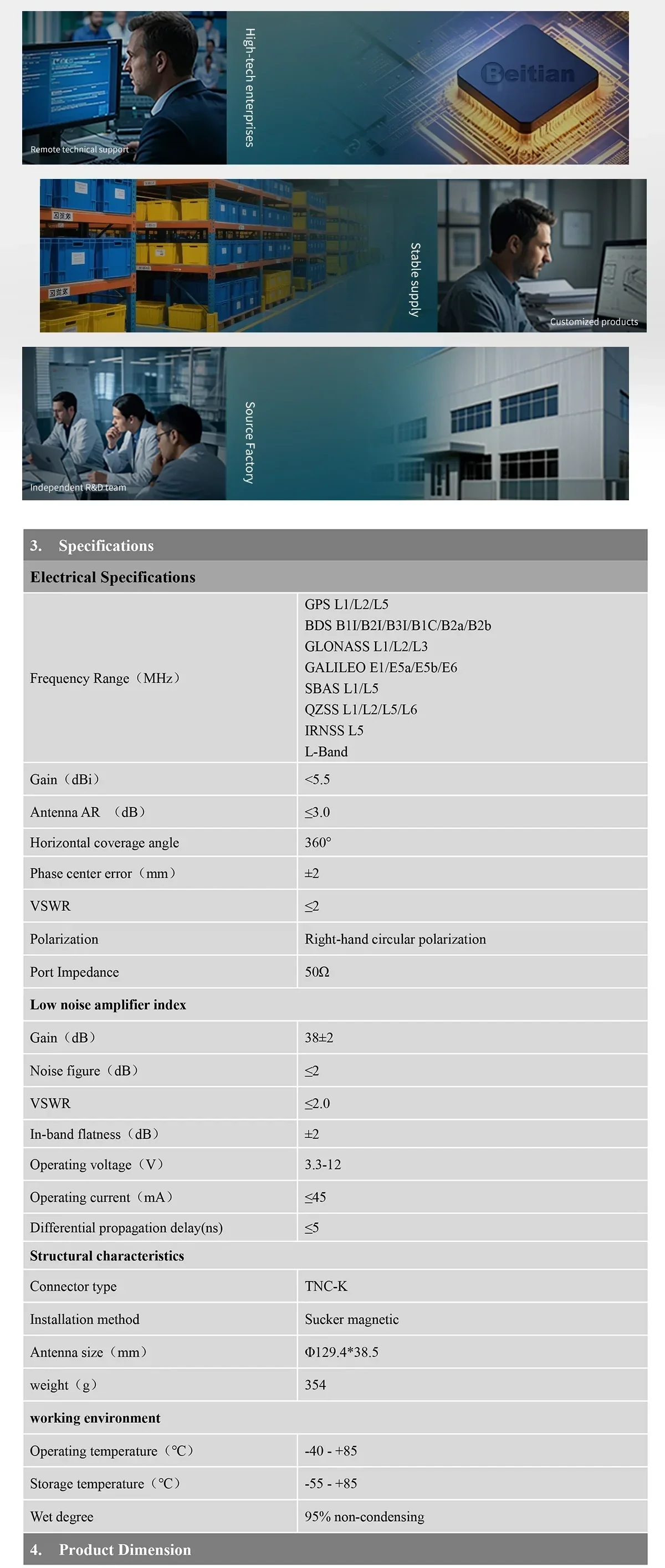BT-132STK GNSS antenna specifications table showing supported bands, gain, voltage range, and environmental ratings