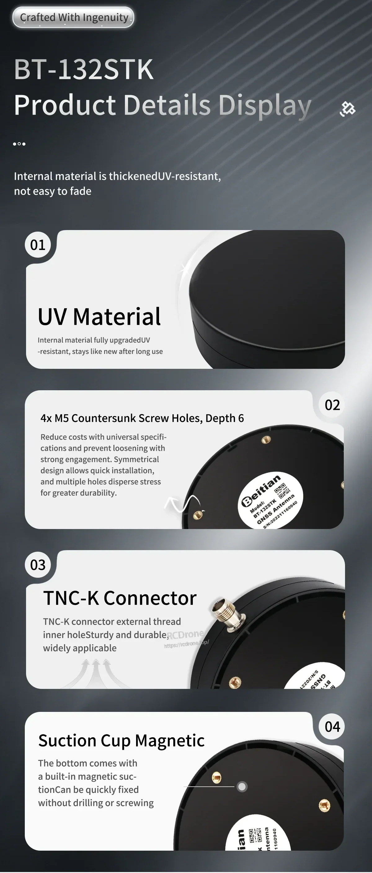 BT-132STK product detail callouts: UV material, 4× M5 countersunk screw holes, TNC-K connector, magnetic mount
