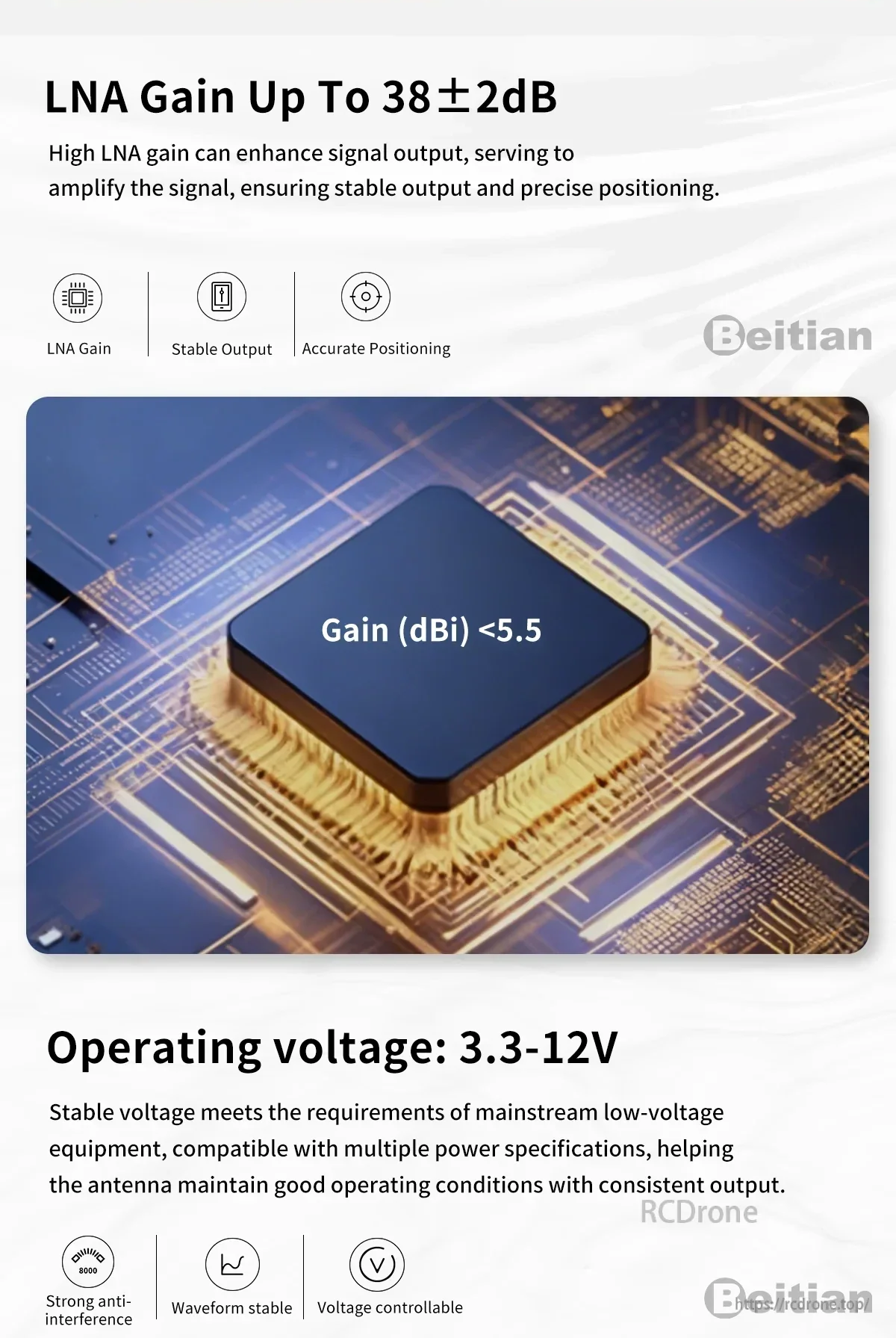 LNA gain 38±2 dB and operating voltage 3.3–12 V highlights for the BT-132STK antenna