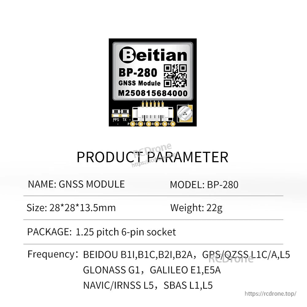 BP-280 GNSS module product parameter chart showing size 28×28×13.5 mm and 6-pin socket package
