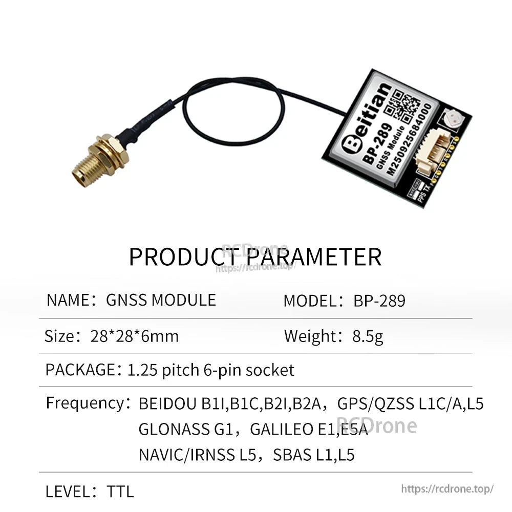 BP-289 GNSS module with cable lead and connector, product parameters and TTL level listed