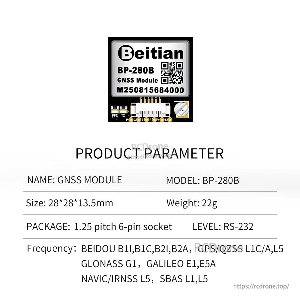BP-280B GNSS module product parameters, RS-232 level noted with size 28×28×13.5 mm