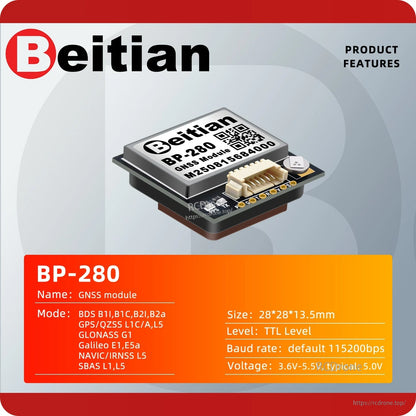 BP-280 GNSS module product features card with board render and size, voltage, baud rate details