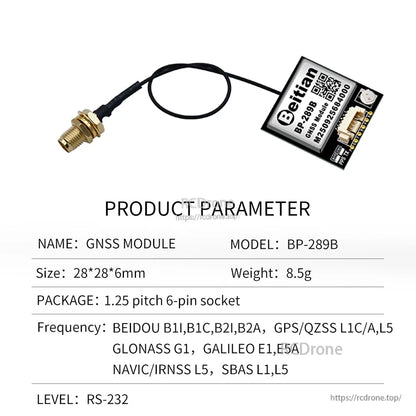 BP-289B GNSS module with cable lead and connector, product parameters with RS-232 level listed