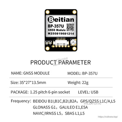 BP-357U GNSS module product parameters with USB level and size 35×27×13.5 mm