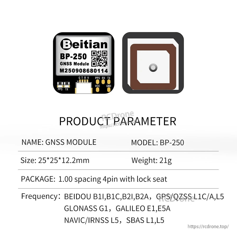 BP-250 GNSS module product parameters table with patch antenna, size 25×25×12.2 mm and frequencies