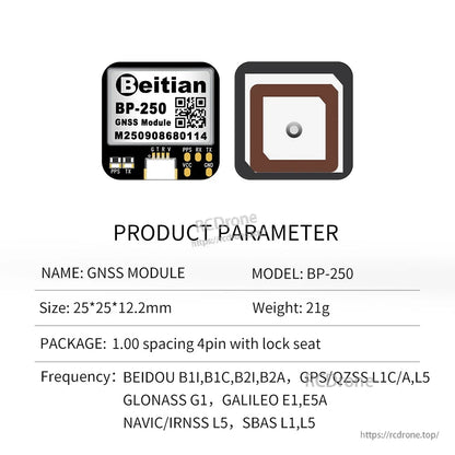 BP-250 GNSS module product parameters table with patch antenna, size 25×25×12.2 mm and frequencies