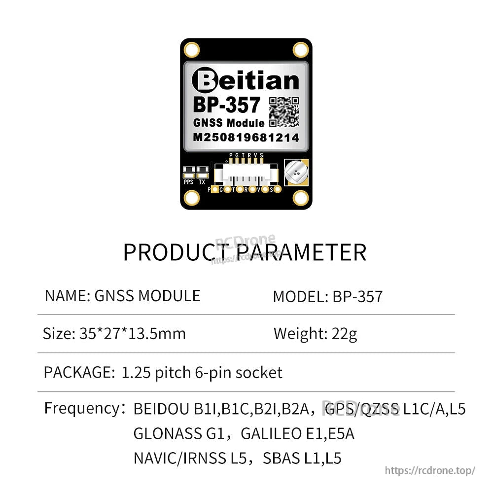 BP-357 GNSS module product parameters table showing size 35×27×13.5 mm and 6-pin socket