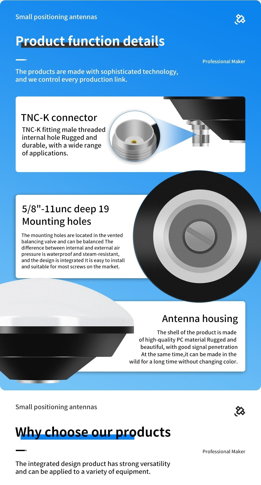 Close-ups of TNC-K connector, 5/8"-11 UNC mounting thread, and antenna housing design details