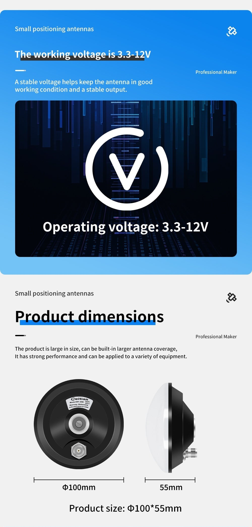 Operating voltage 3.3–12 V and product dimensions graphic showing 100 mm diameter and 55 mm height