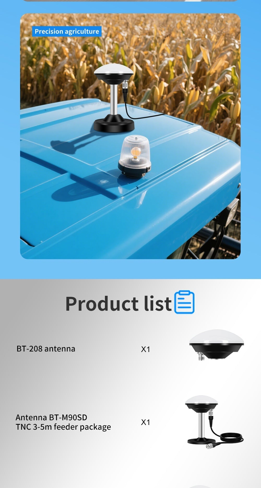 Precision agriculture use case with roof-mounted antenna, plus product list including BT-208 antenna and accessory package