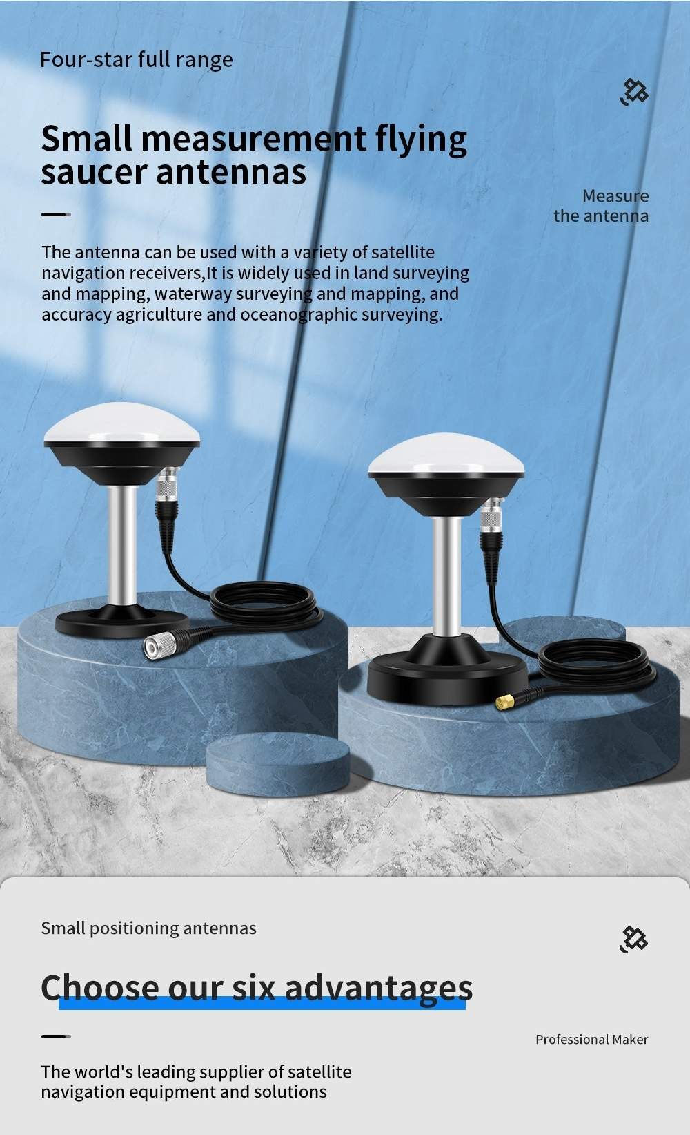 Beitian BT-208 full-frequency GNSS survey antenna on mounting poles with cable, promotional overview graphic