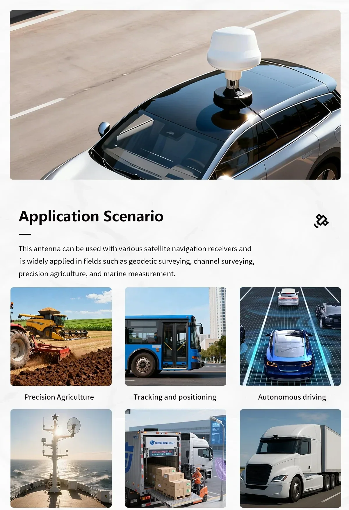 Vehicle roof installation photo and application scenarios for BT-158 including precision agriculture, tracking, and autonomous driving