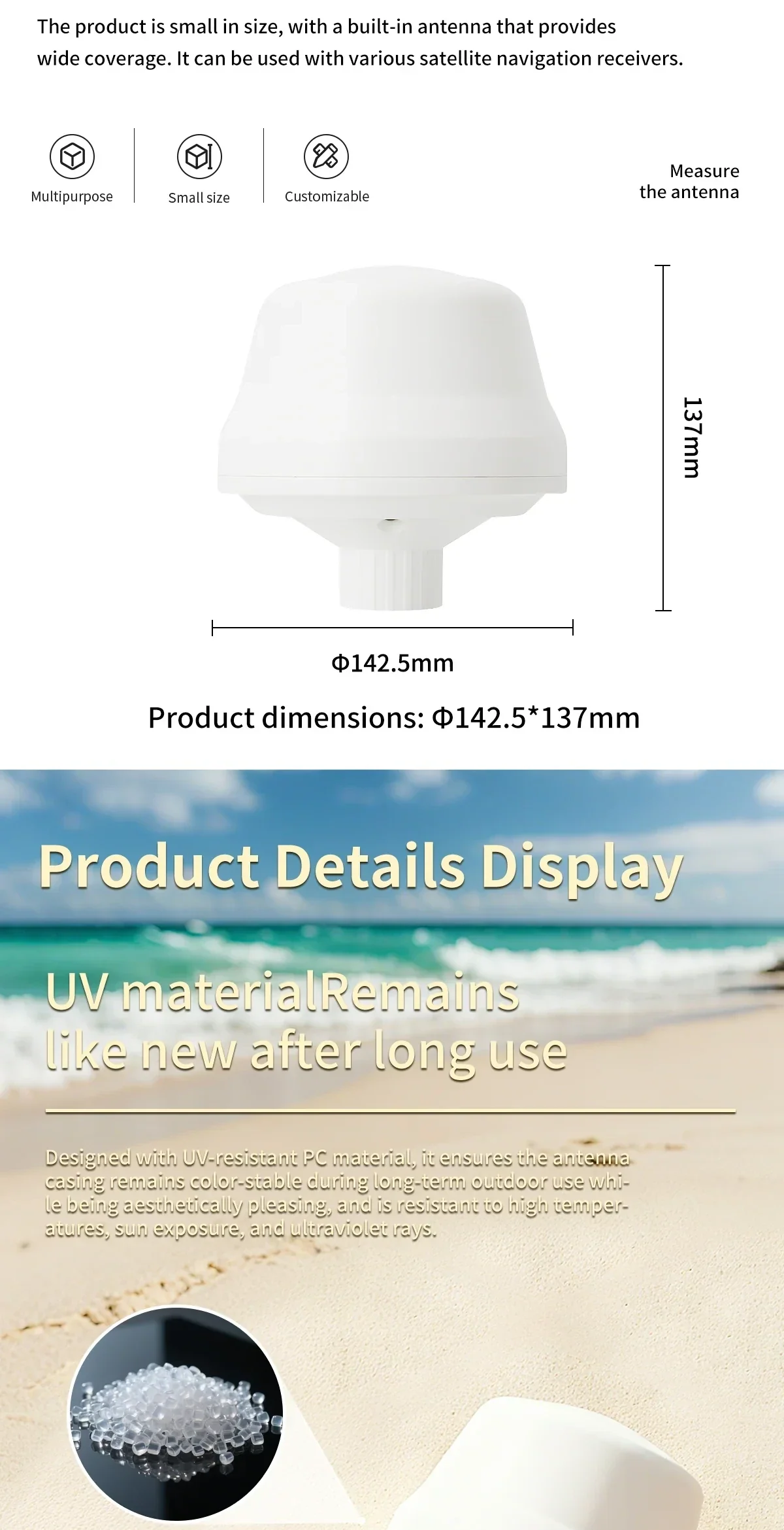 BT-158 product size graphic with dimensions Φ142.5 mm diameter and 137 mm height plus UV-resistant material note