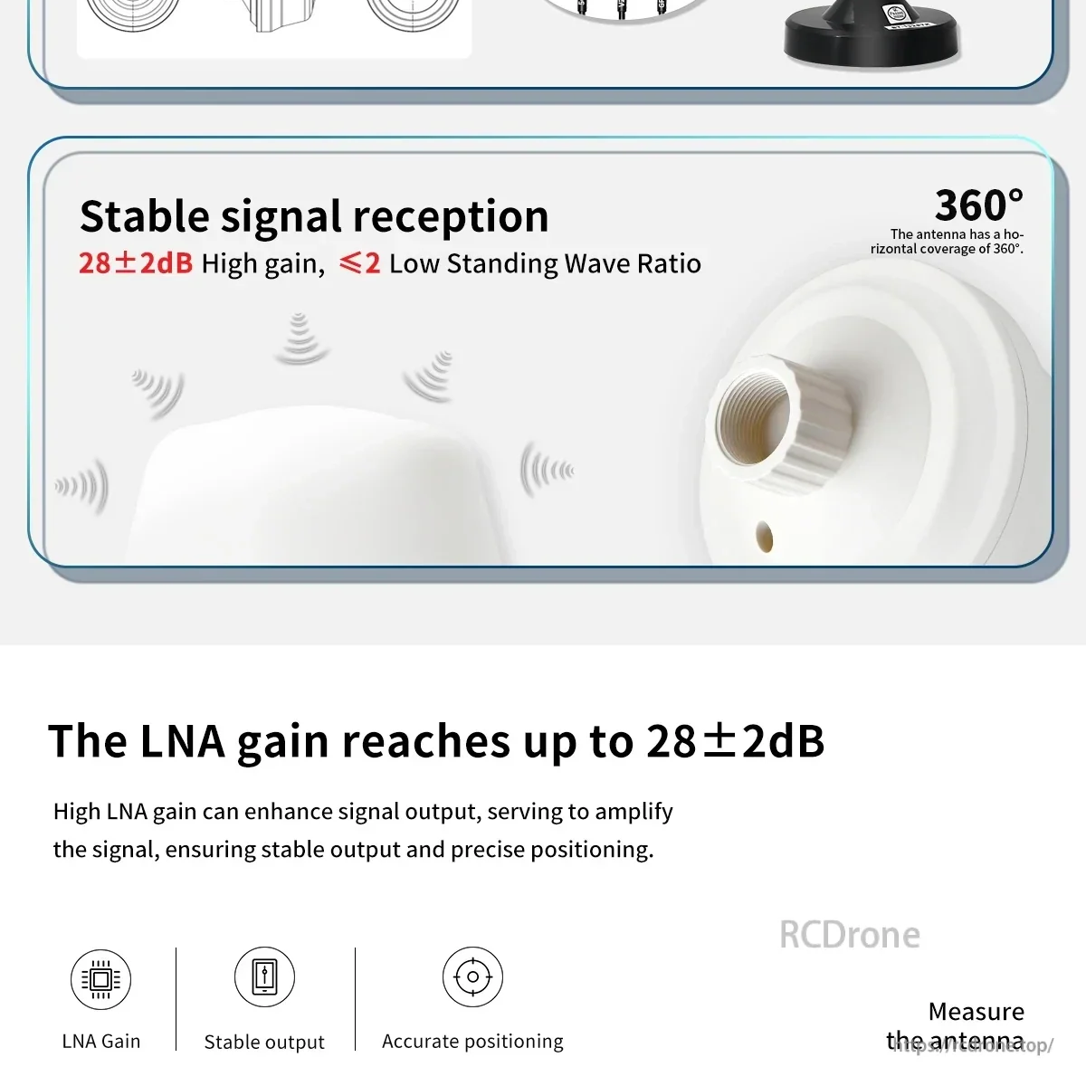 Stable signal reception highlight for BT-158 showing 28±2 dB LNA gain, low VSWR, and 360° horizontal coverage callout