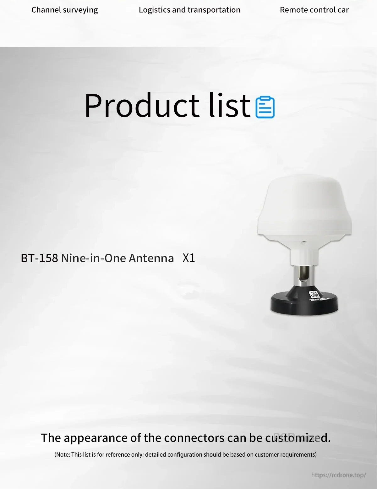 BT-158 product list graphic indicating package includes one BT-158 nine-in-one antenna and customizable connector appearance note