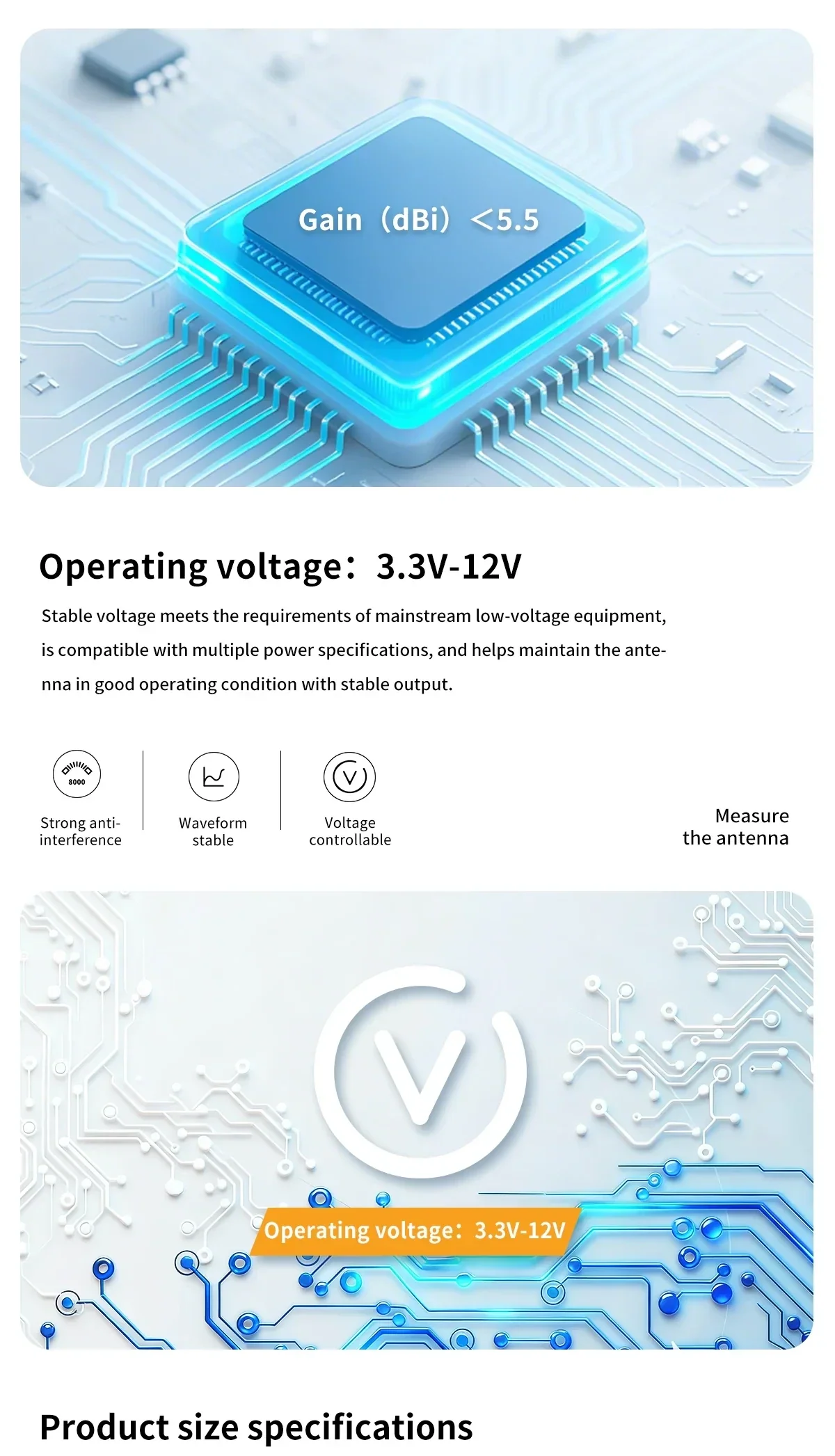 Operating voltage panel for BT-158 showing 3.3–12 V range and circuit-style background with gain chip graphic