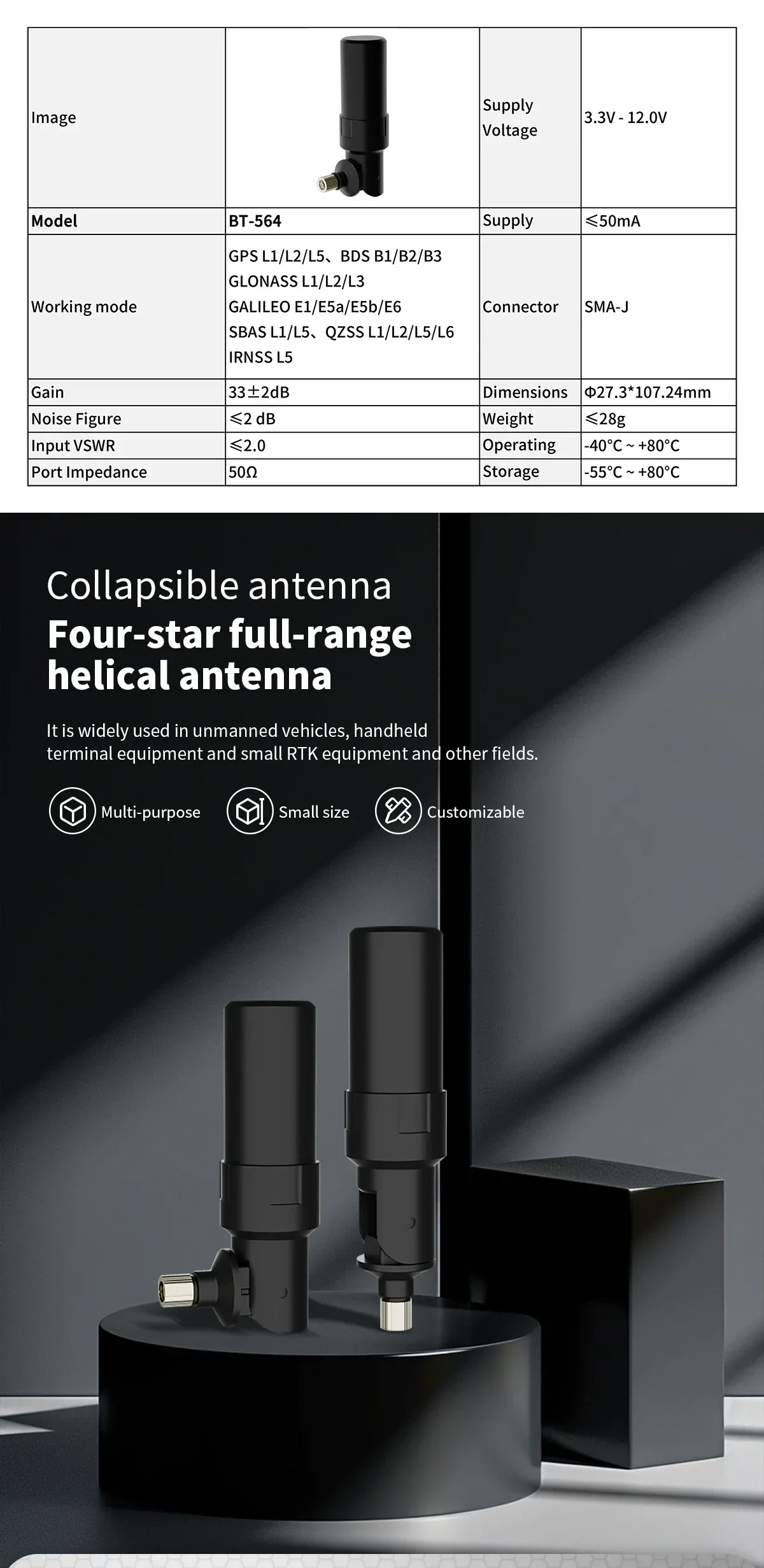 Beitian BT-564 foldable quadrifilar helical GNSS antenna with SMA-J connector and key specifications