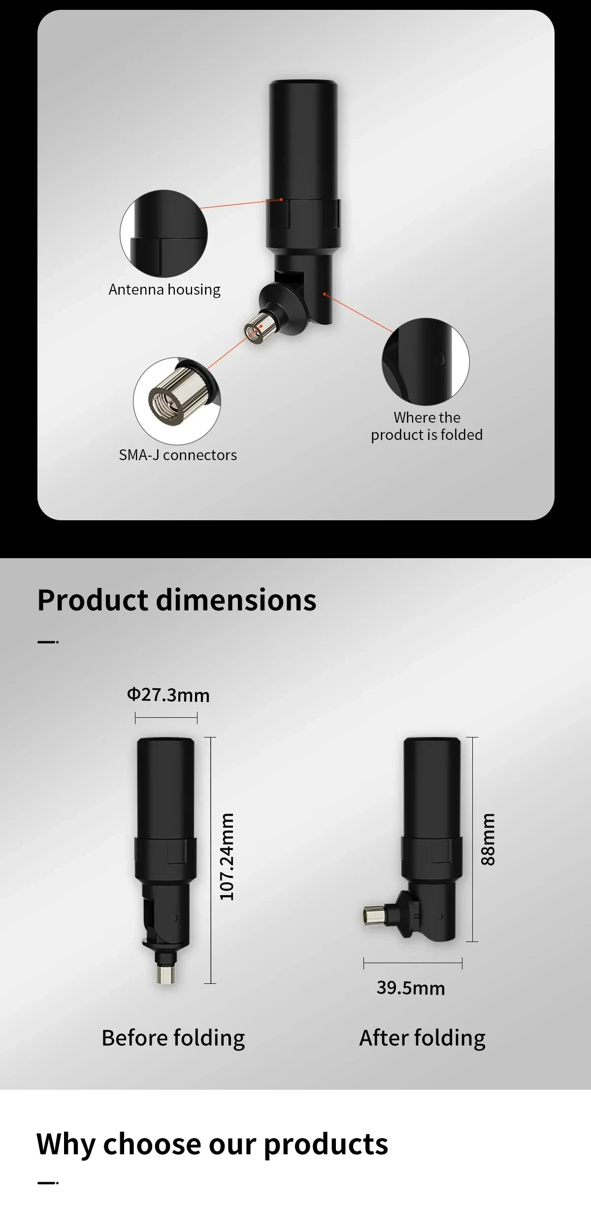 BT-564 close-up with callouts for SMA-J connector, antenna housing and fold joint plus before/after folding dimensions