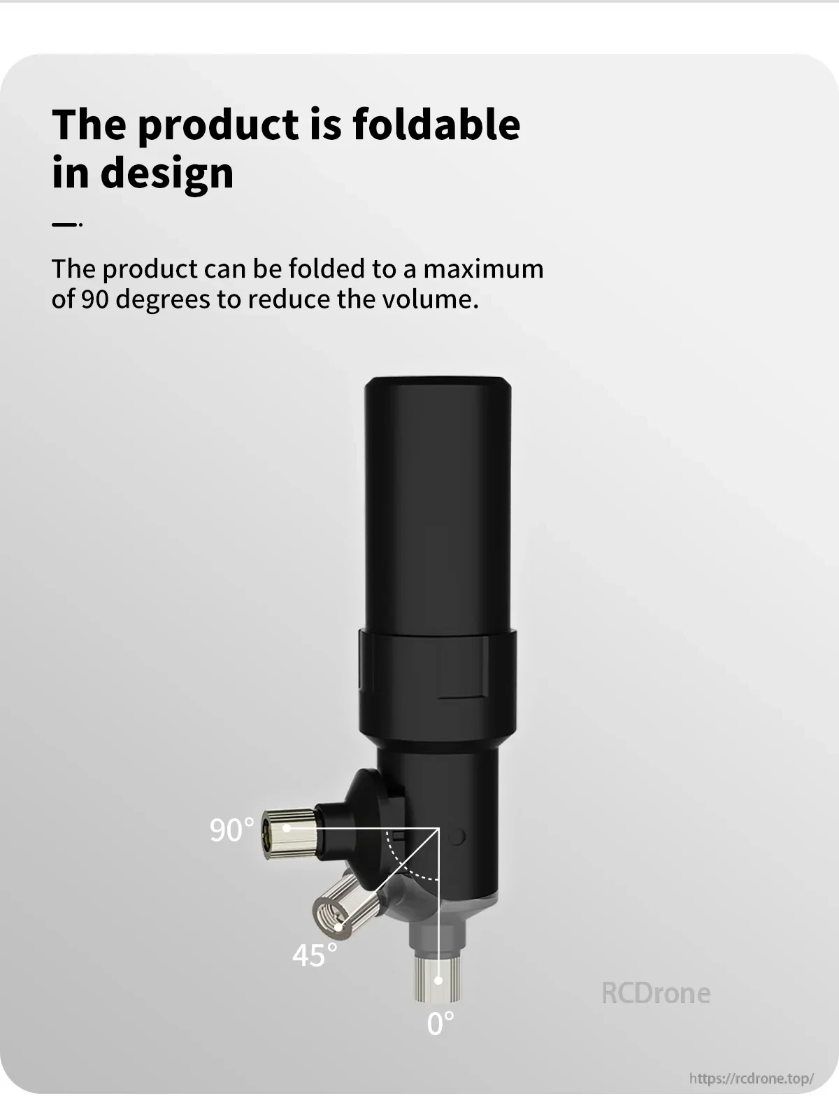 Foldable antenna angle graphic showing BT-564 bending up to 90° to reduce volume for storage and transport