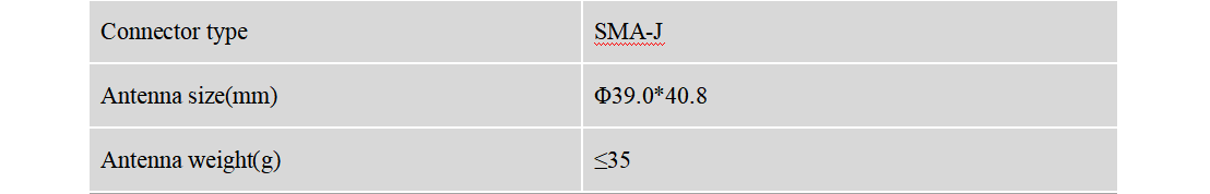 BT-T076 mechanical specs table: SMA-J connector, Φ39.0×40.8 mm size, ≤35 g weight