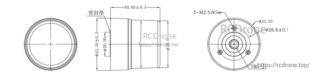 BT-T076 dimension drawing with diameter, height, inner feature size, and three M2.5 mounting holes layout