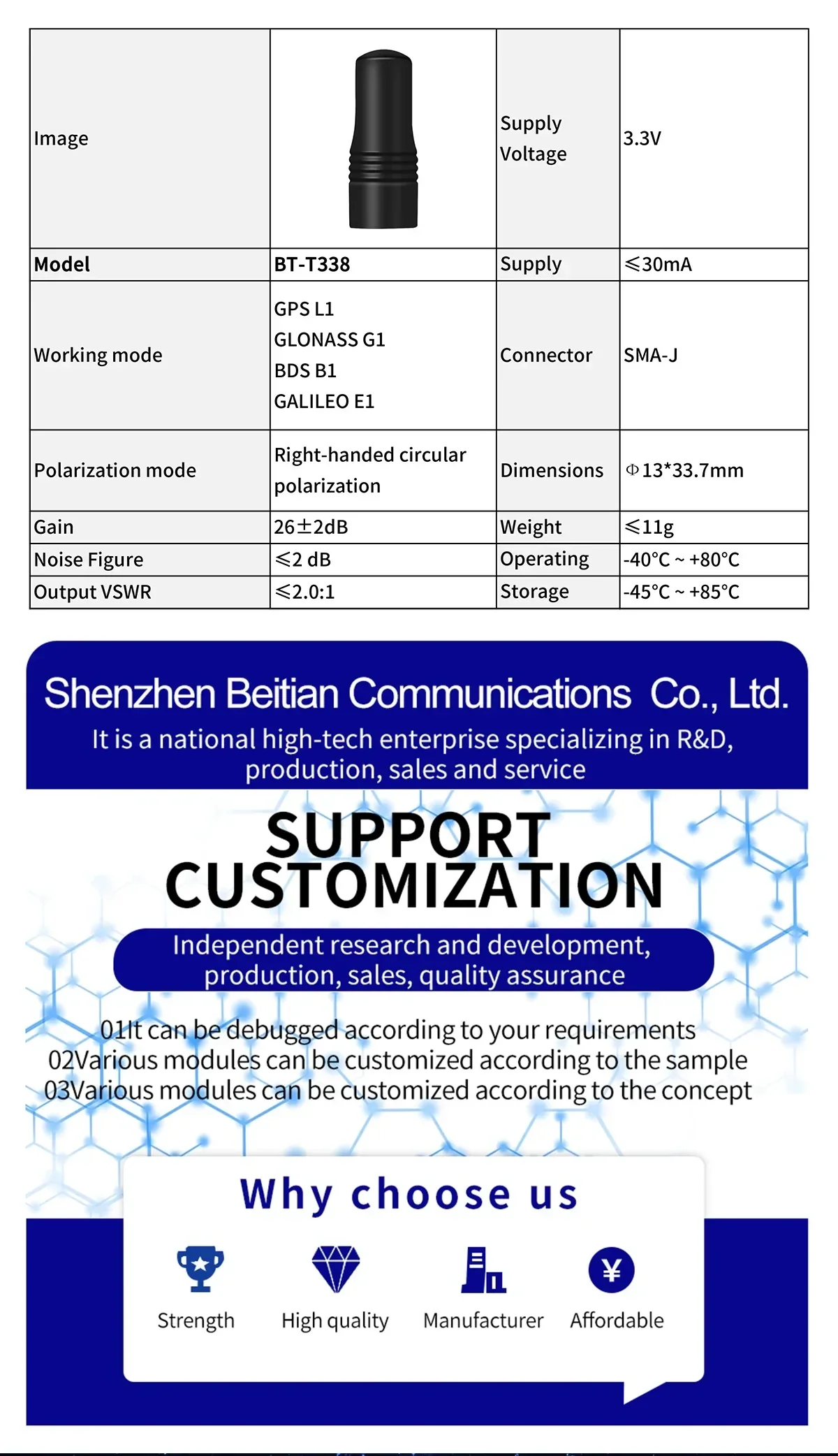 Beitian BT-T338 GNSS helical antenna with key specs table: SMA-J, 3.3V, ≤30mA, 13×33.7mm