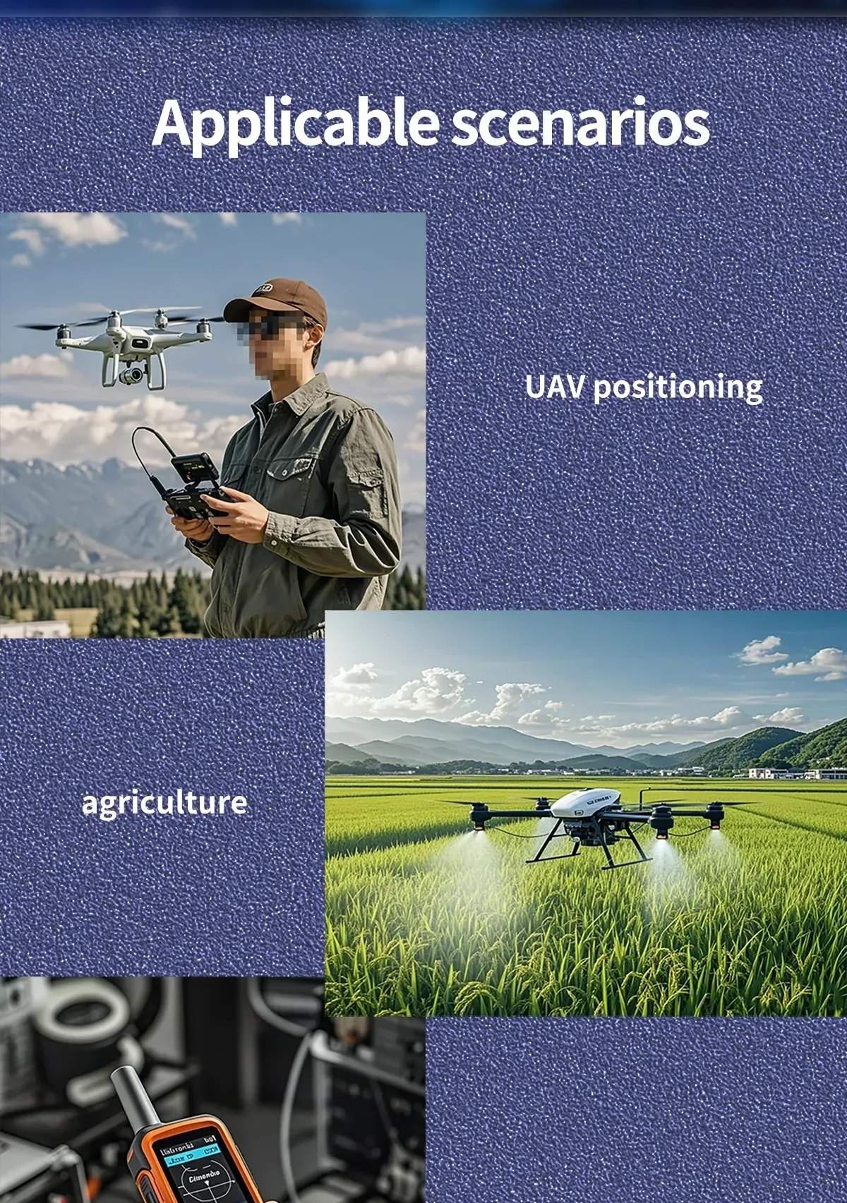 Application scenarios graphic for BT-T338 GNSS antenna: UAV positioning and agriculture drone field use