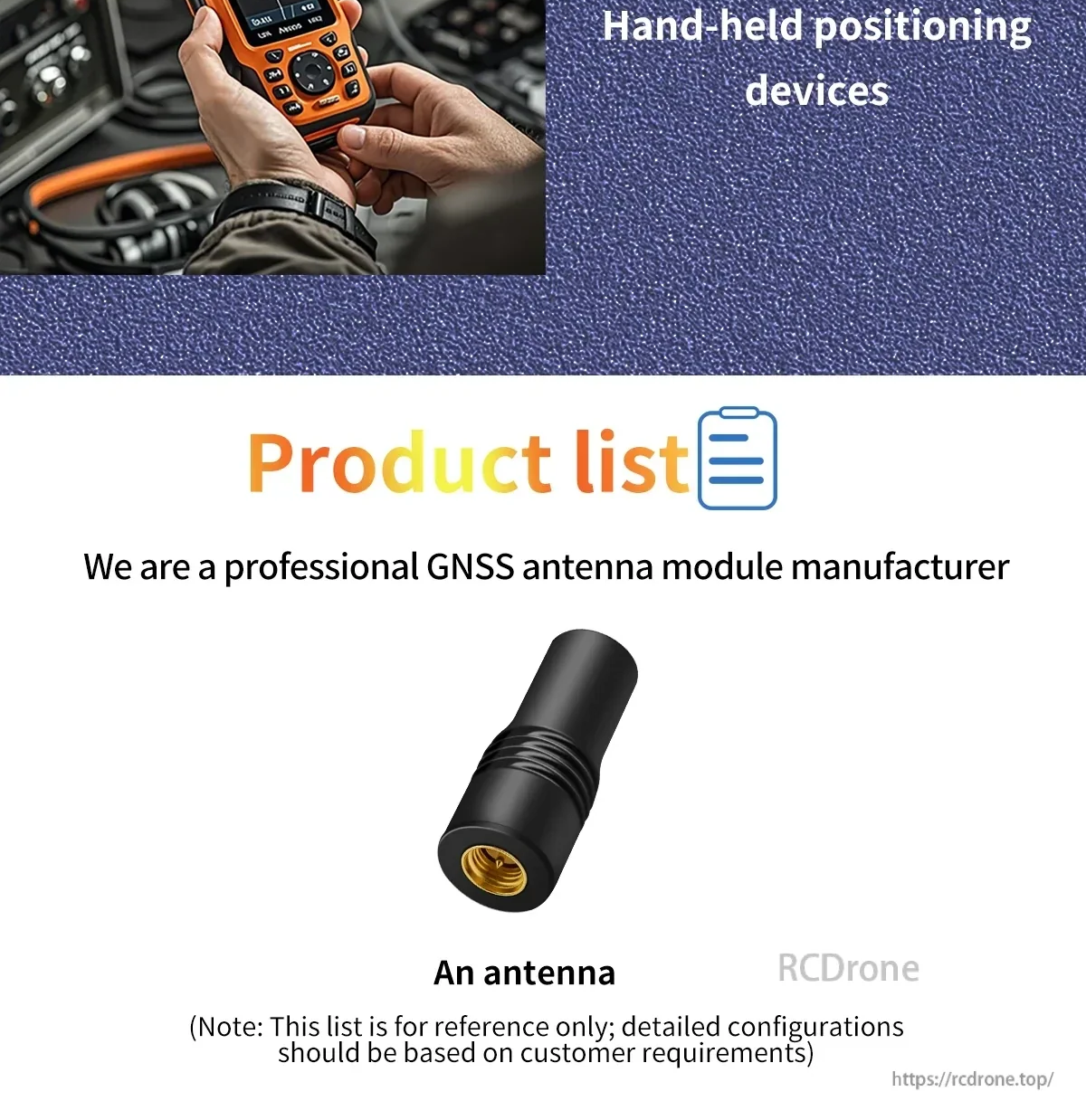 Packaging/product list graphic with single BT-T338 antenna and handheld positioning device application