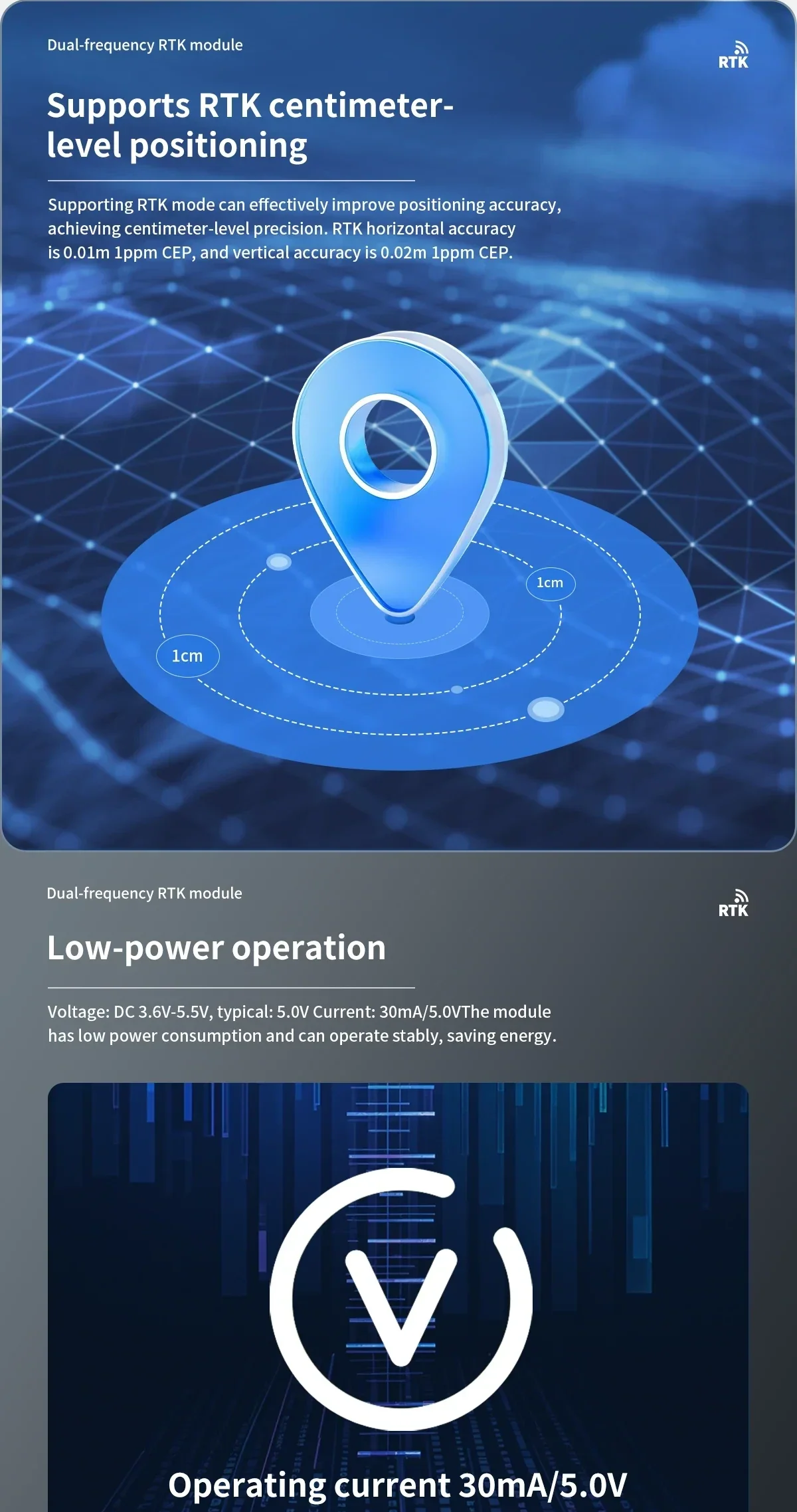 RTK centimeter-level positioning and low-power operation panel highlighting 30 mA at 5.0 V