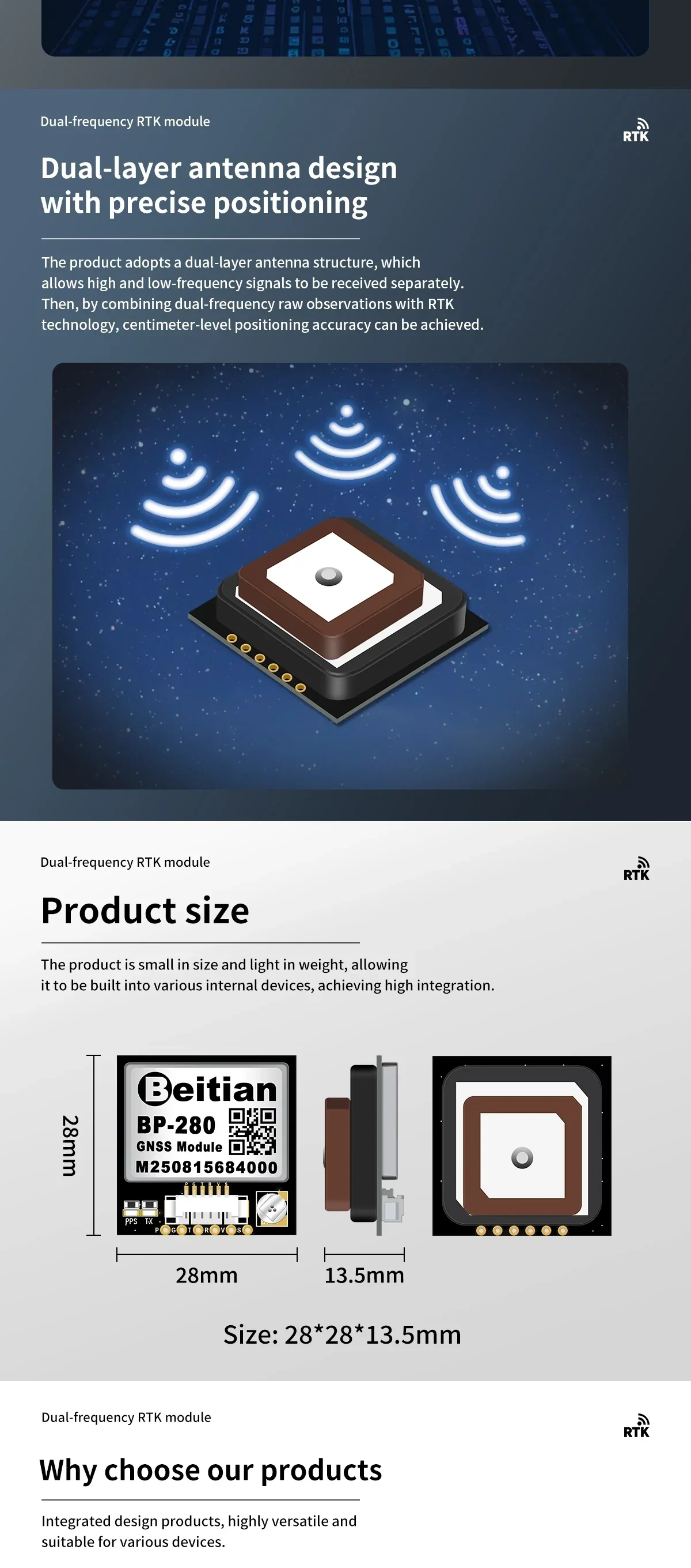 Dual-layer stacked antenna design illustration and product size diagram for the Beitian RTK module
