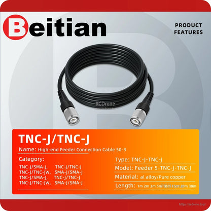 Product features card for TNC-J to TNC-J feeder cable 50-3, listing available categories, materials and lengths