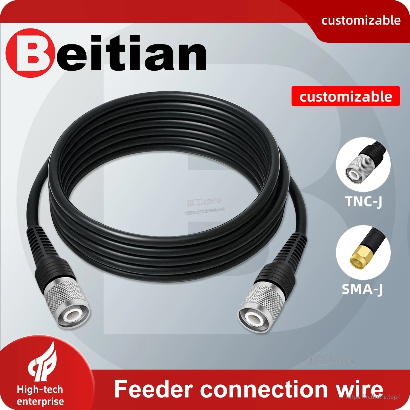 Beitian feeder connection wire graphic showing RF coax cable and connector options TNC-J and SMA-J