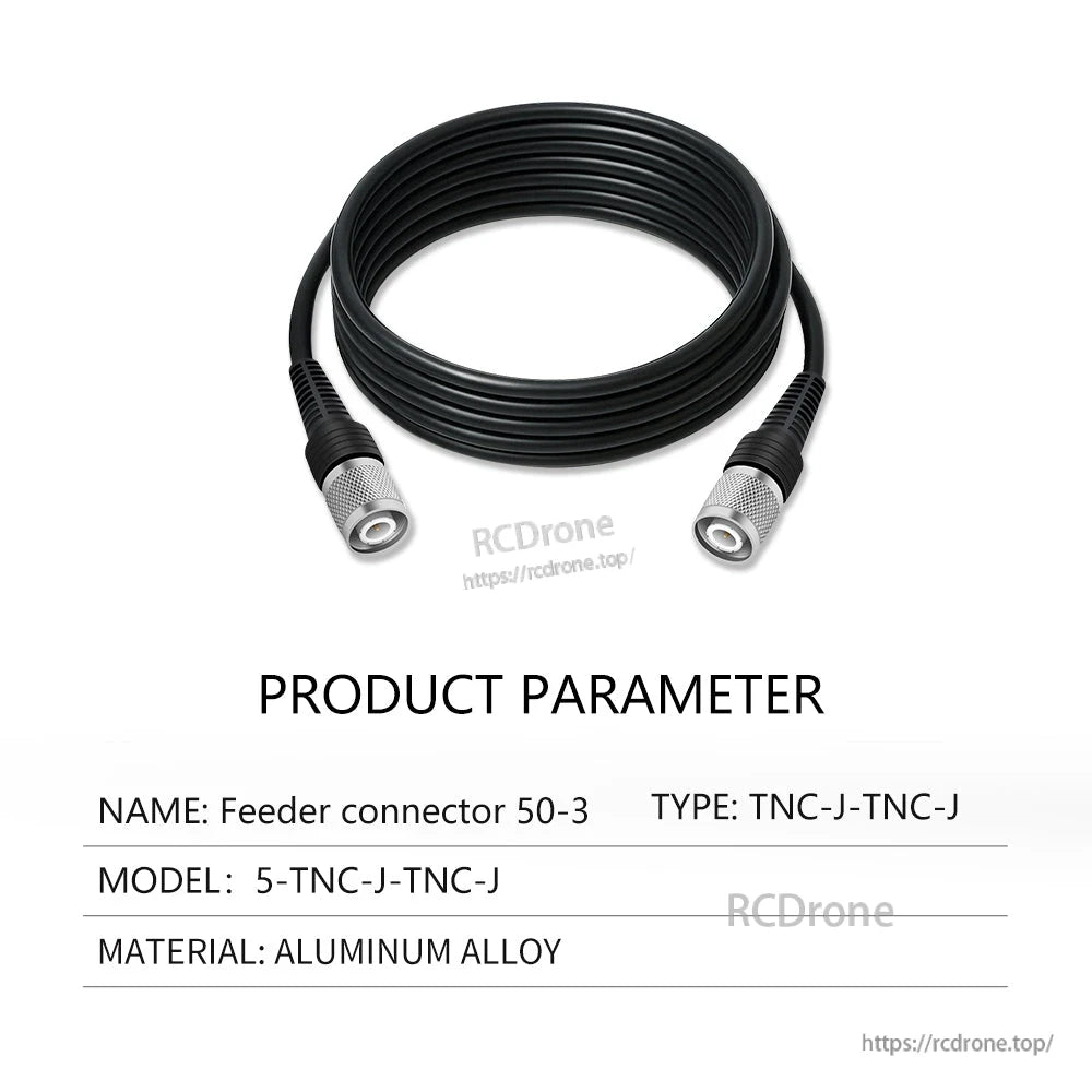 Product parameter table: feeder connector 50-3, type TNC-J–TNC-J, model 5-TNC-J-TNC-J, material aluminum alloy