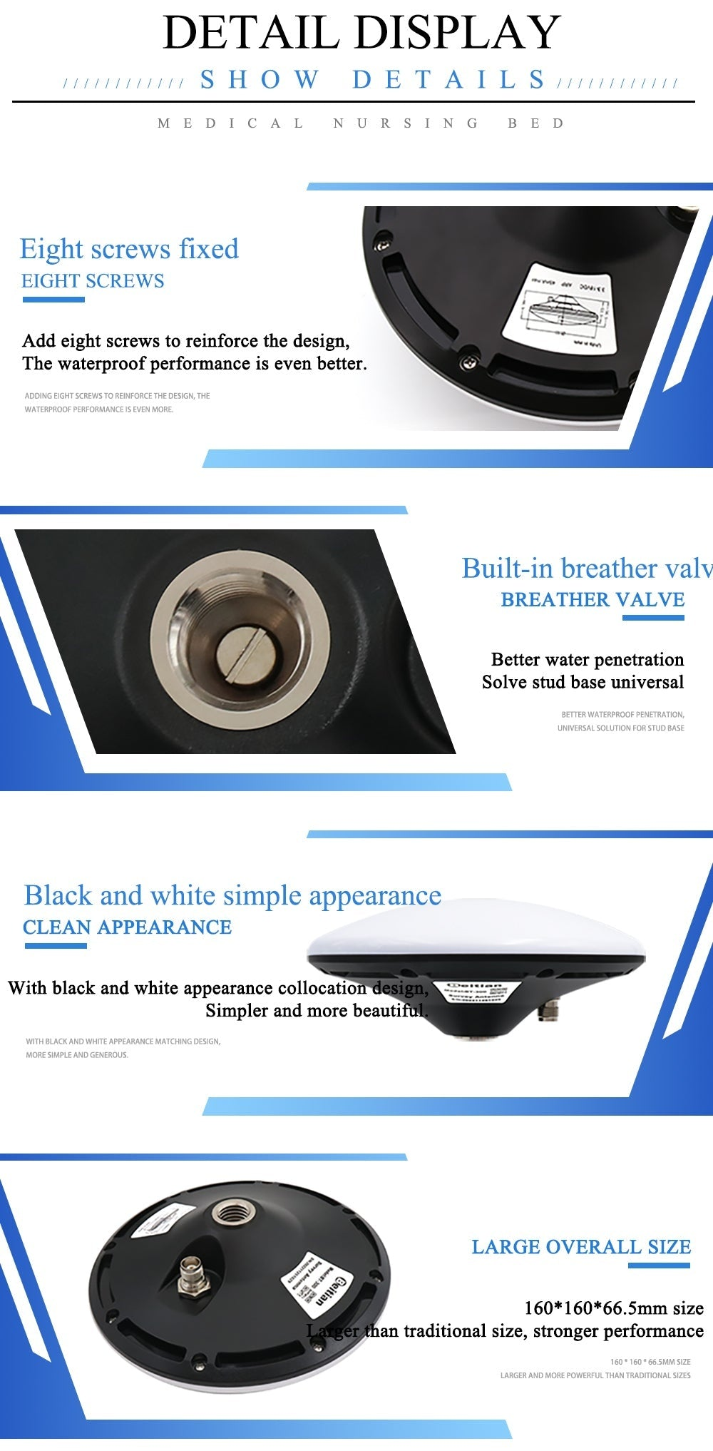 BT-300S mechanical detail display with eight-screw reinforcement, built-in breather valve, and overall size callouts