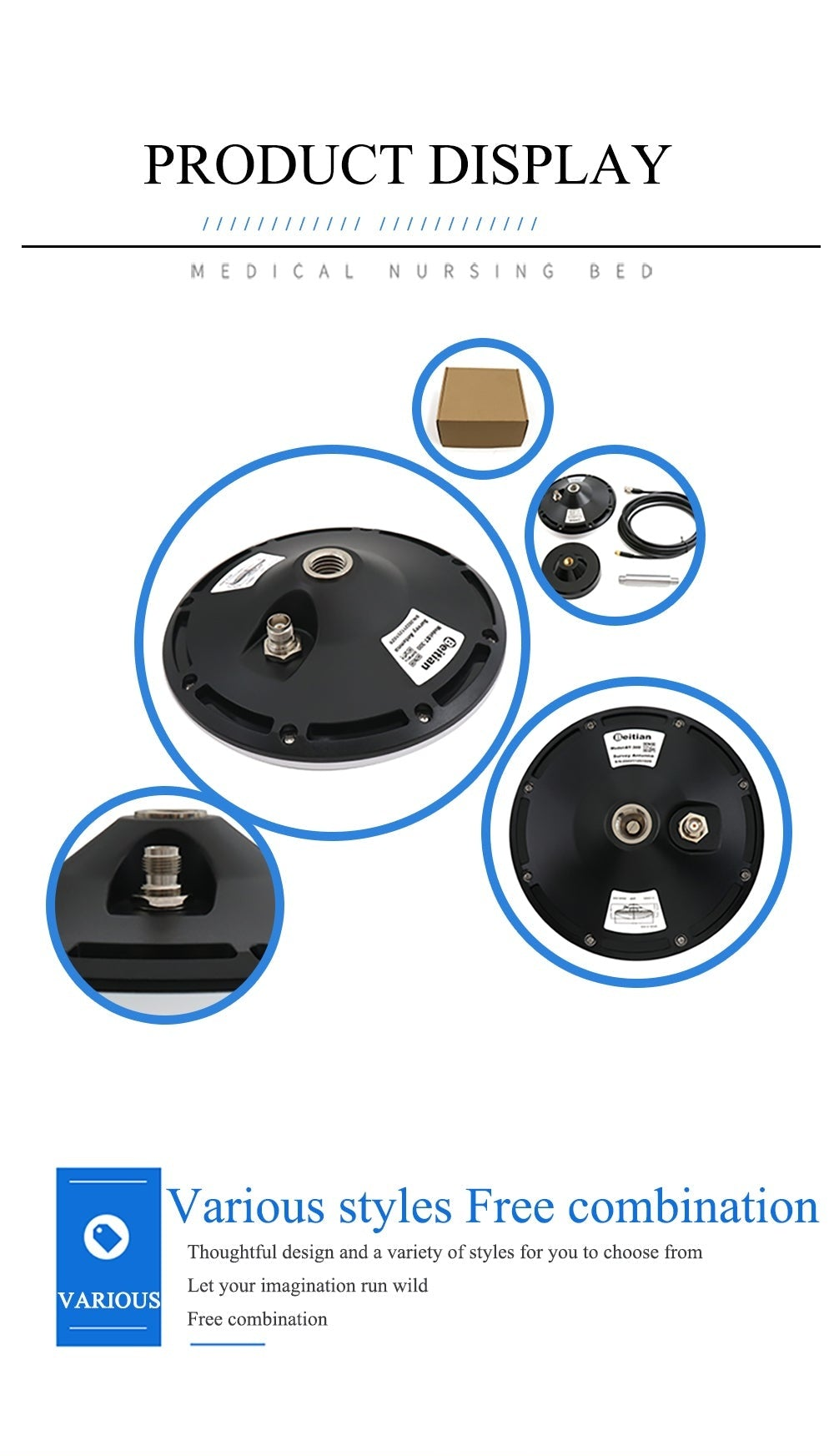Product display showing underside ports and optional accessory combinations for the GNSS antenna base
