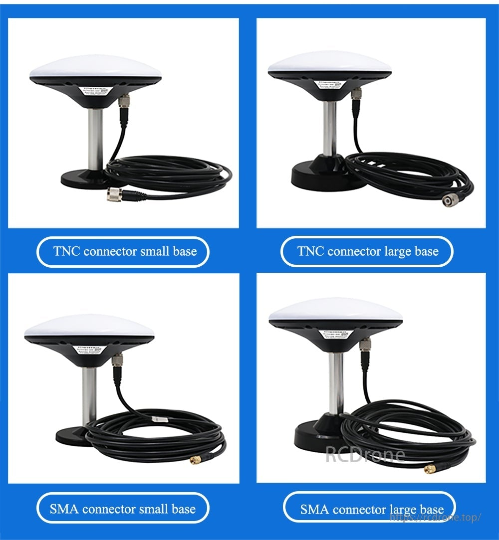 Connector and base options grid showing TNC or SMA connector with small or large magnetic base configurations