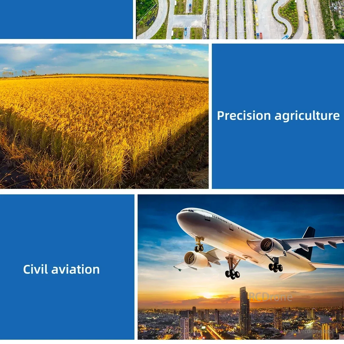 Application collage for GNSS antenna feeder cable: driving test training, precision agriculture, civil aviation