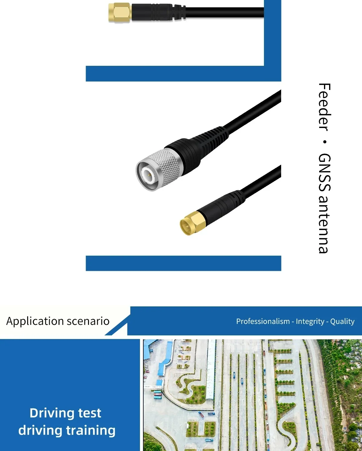 Close-up of TNC and SMA connector ends on Beitian 50Ω SYV50-3 coax feeder cable for GNSS antennas