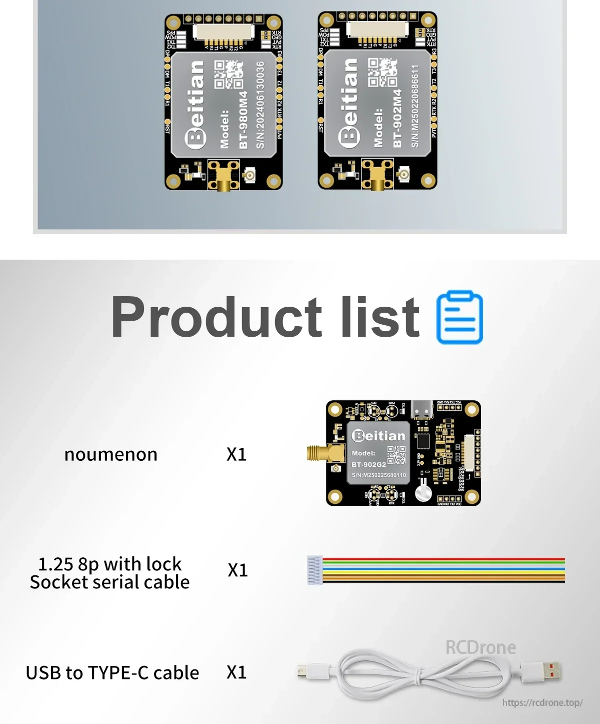 Package contents list with GNSS board, 1.25mm 8-pin lock serial cable, and USB to Type‑C cable