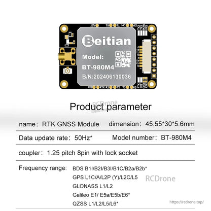 Beitian BT-980M4 RTK GNSS module board with 8-pin lock socket, 45.55×30×5.6 mm, 50 Hz update rate