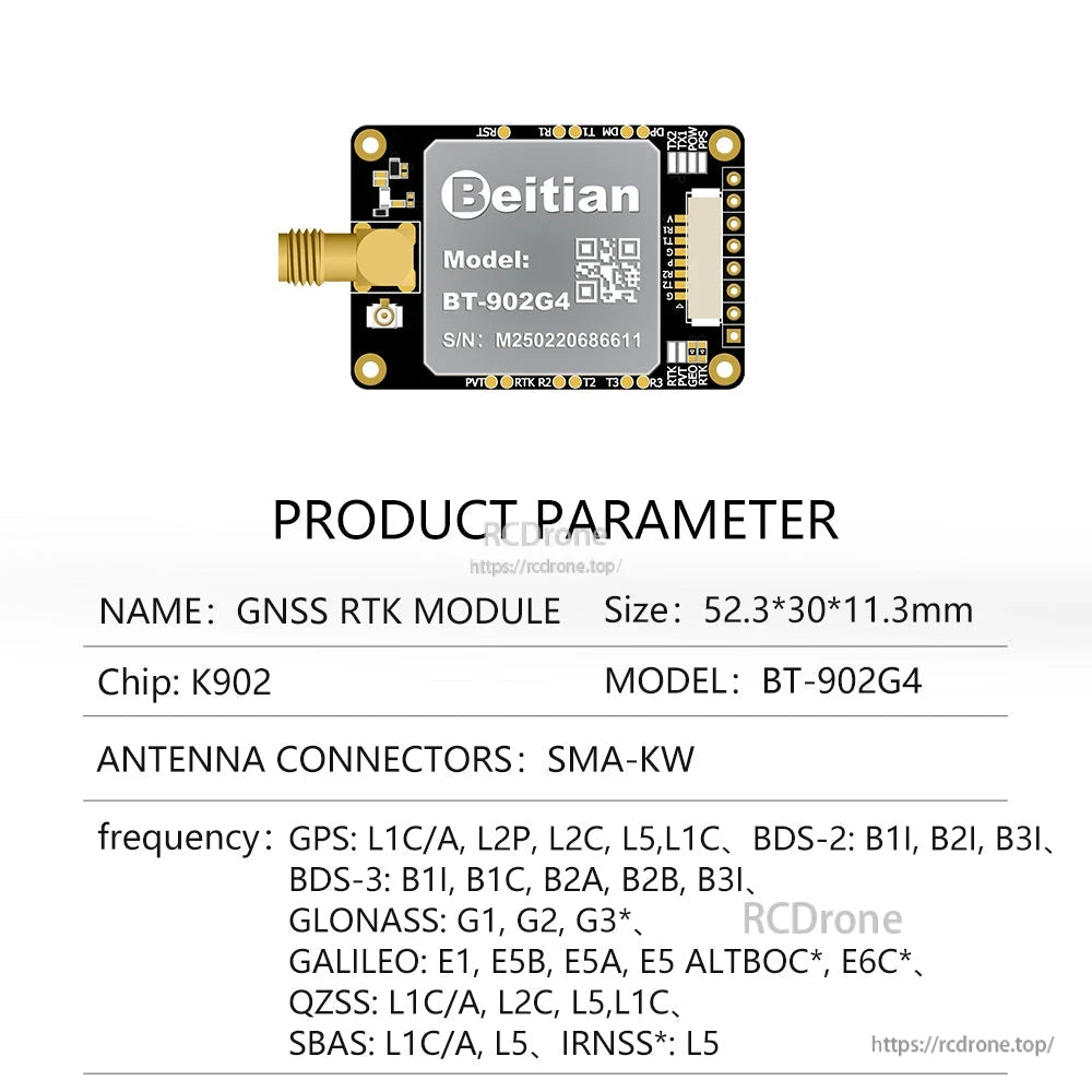 BT-902G4 K902 chip GNSS RTK module parameter sheet, SMA-KW antenna connector, 52.3×30×11.3mm