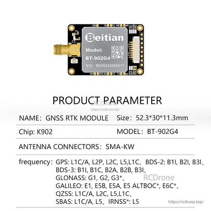 BT-902G4 K902 chip GNSS RTK module parameter sheet, SMA-KW antenna connector, 52.3×30×11.3mm