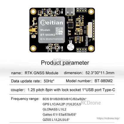 BT-980M2 product parameter sheet with 52.3×30×11.3mm size, Type-C port and frequency range list