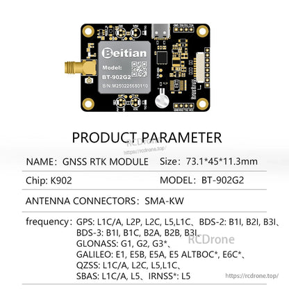 BT-902G2 K902 chip GNSS RTK module parameter sheet, SMA-KW antenna connector, 73.1×45×11.3mm