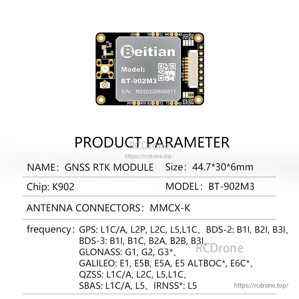 BT-902M3 K902 chip GNSS RTK module parameter sheet, MMCX-K antenna connector, 44.7×30×6mm