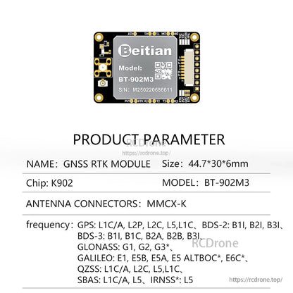 BT-902M3 K902 chip GNSS RTK module parameter sheet, MMCX-K antenna connector, 44.7×30×6mm