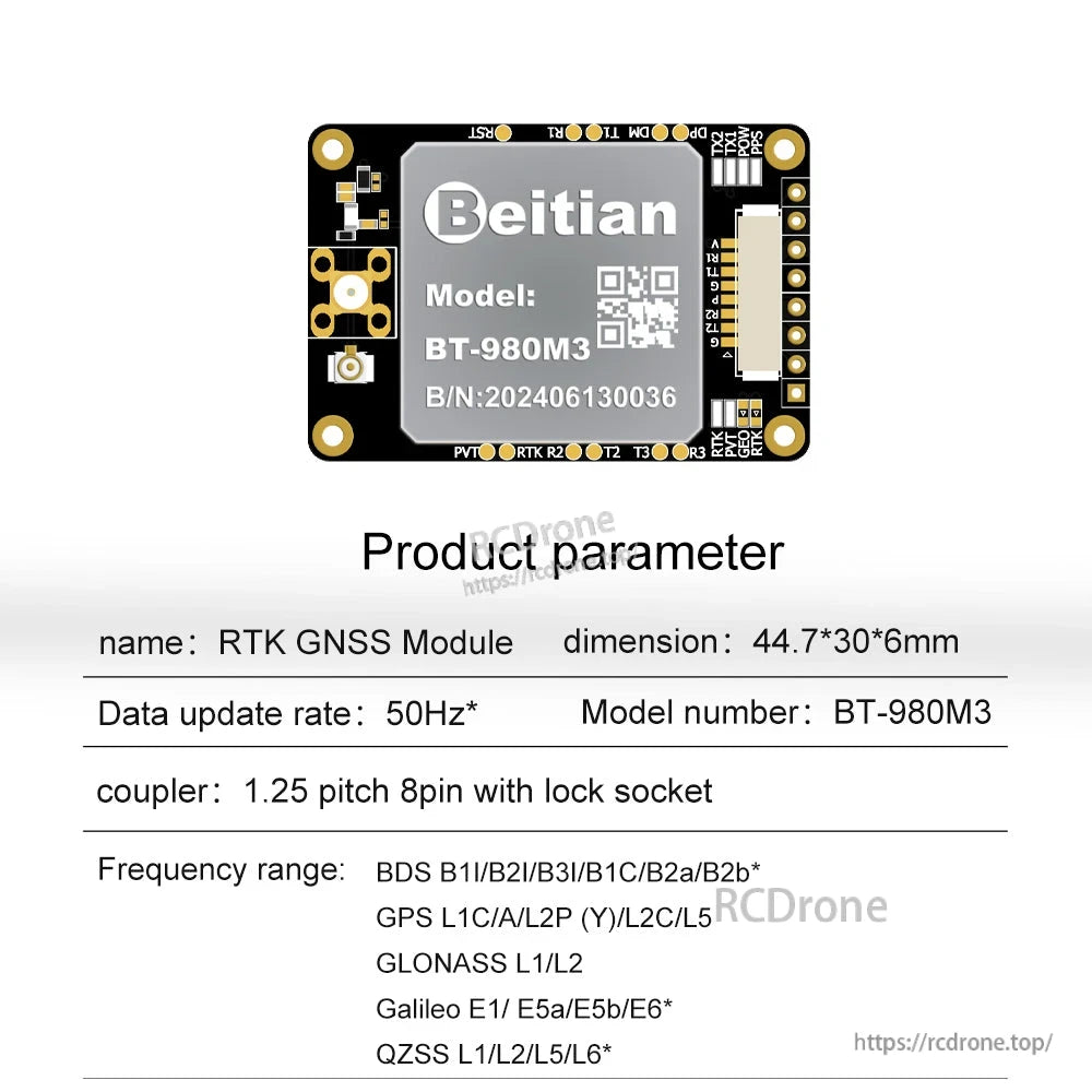 Beitian BT-980M3 RTK GNSS module board with 8-pin connector, 44.7×30×6 mm, for UAV navigation